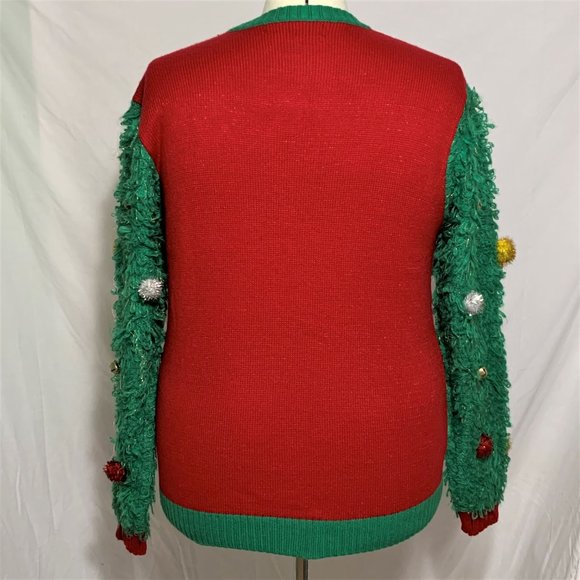 Ugly Christmas Sweater Fuzzy Tree Sleeves Bell Pompoms Green Red Mens Womens XL - Picture 4 of 4
